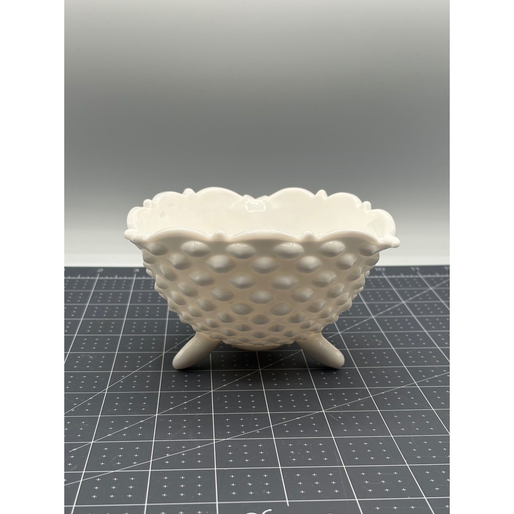 Fenton Milk Glass Hobnail Bowl White Footed Ruffled Edge Vintage Decor